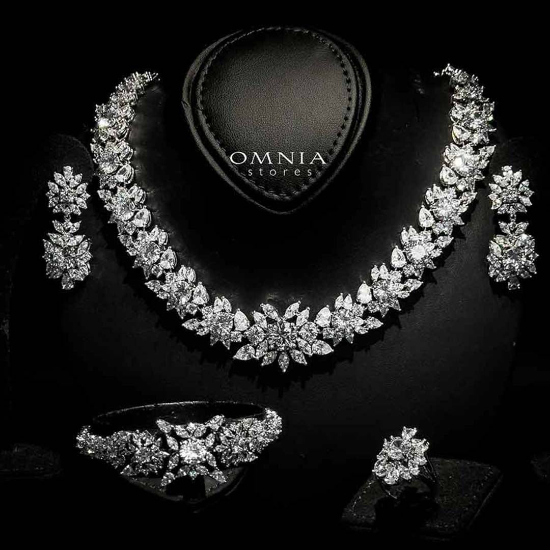 Omnia Nareen White Bridal Full Set in High Quality Zircon Stone Rhodium Plated - OMNIASTORES UAE