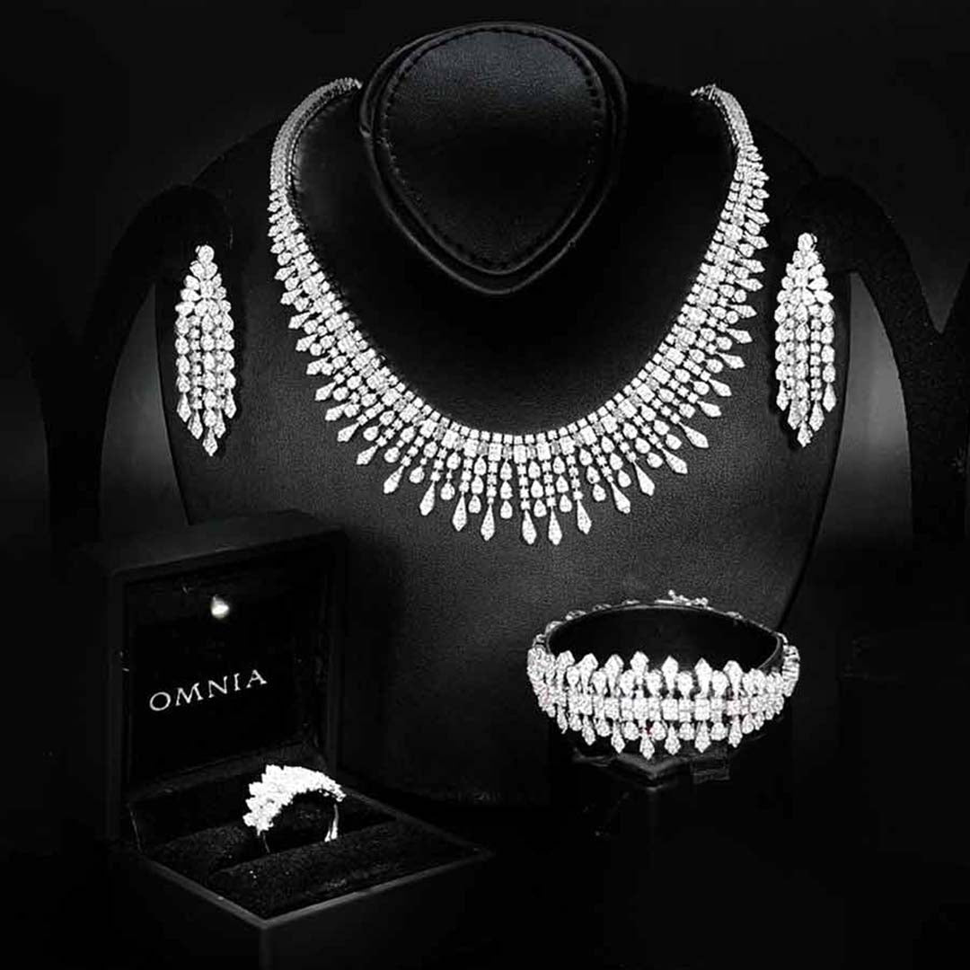 Omnia Ahlina White Bridal Full Set in High Quality Zircon Stone Rhodium Plated - OMNIASTORES KSA