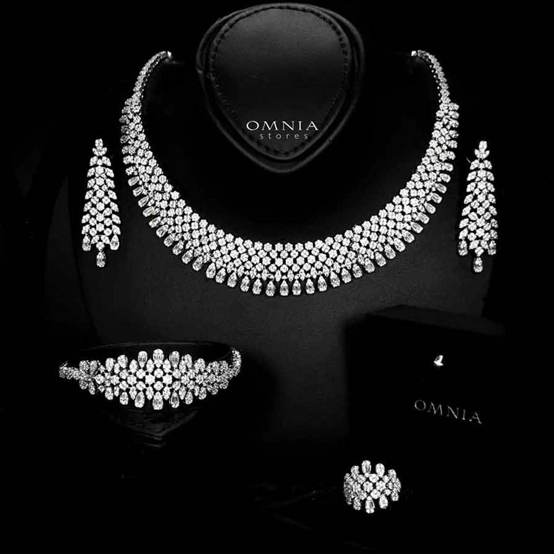 Omnia Taybah White Luxury Bridal Set In Rhodium Plated with High Quality Zircon Stones - OMNIASTORES KSA