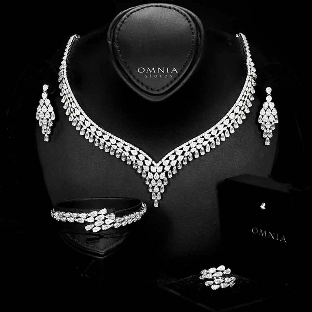 Omnia Dalilah White Bridal Set In Rhodium Plated with High Quality Zircon Stones - OMNIASTORES UAE