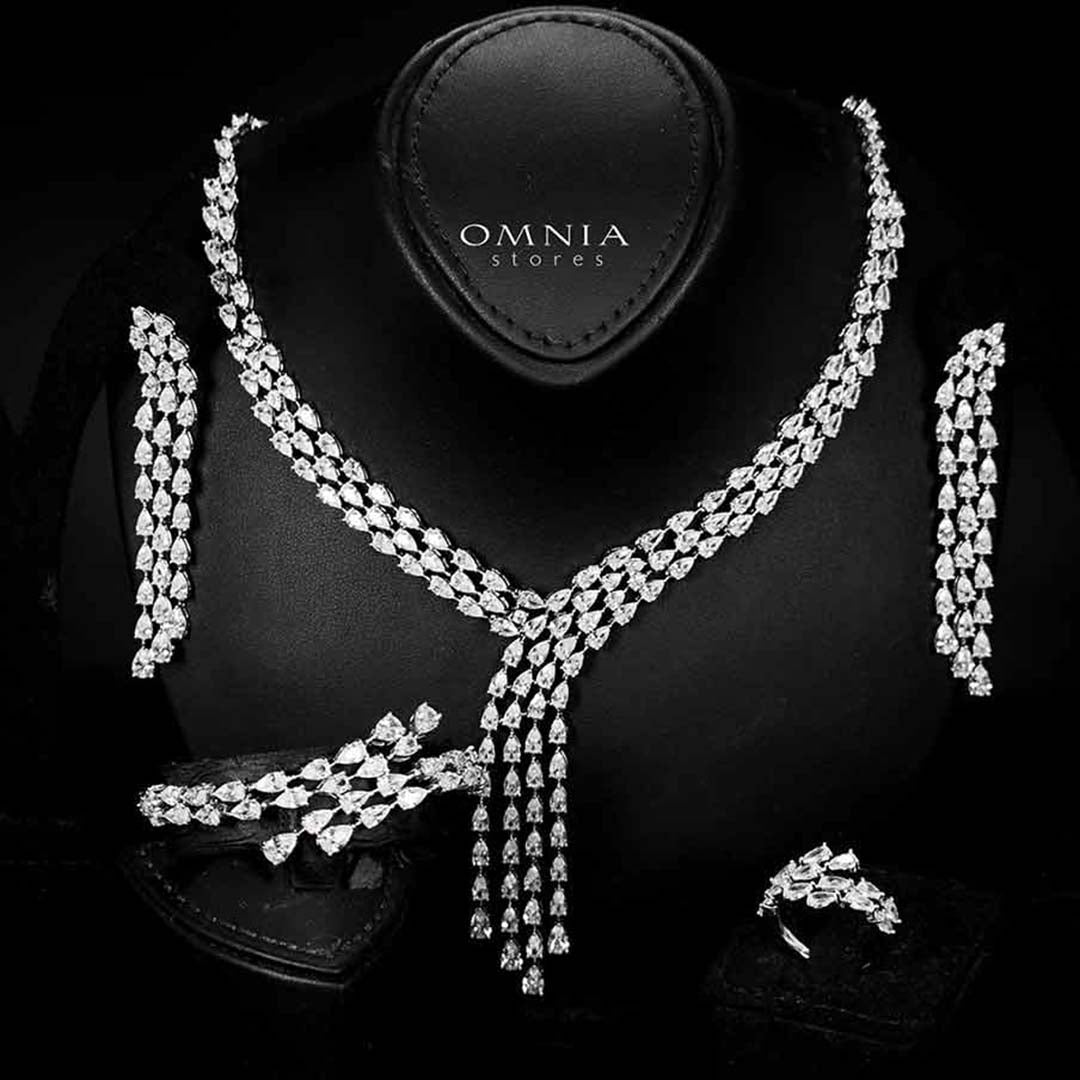 Omnia Michelle White Bridal Full Set Accessories in High Quality Zircon Stone in Rhodium Plated - OMNIASTORES KSA