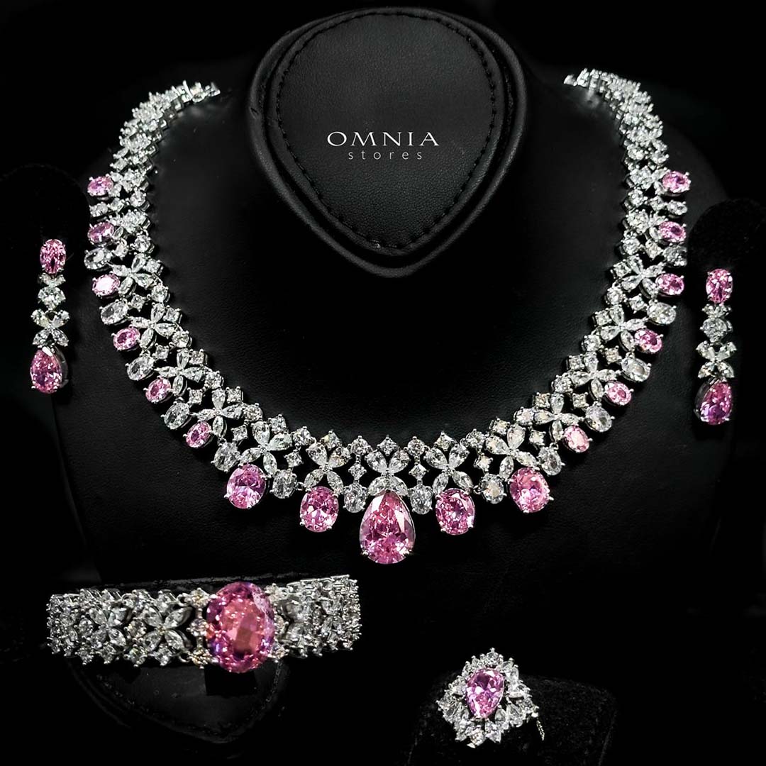 Omnia Suhana Pink Bridal Full Set with High Quality Simulated Diamonds Premium Rhodium Plated - OMNIASTORES UAE