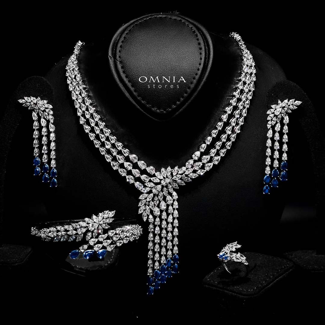 Omnia Rahaf Blue Bridal Full Set Accessories in High Quality Zircon Stone in Rhodium Plated