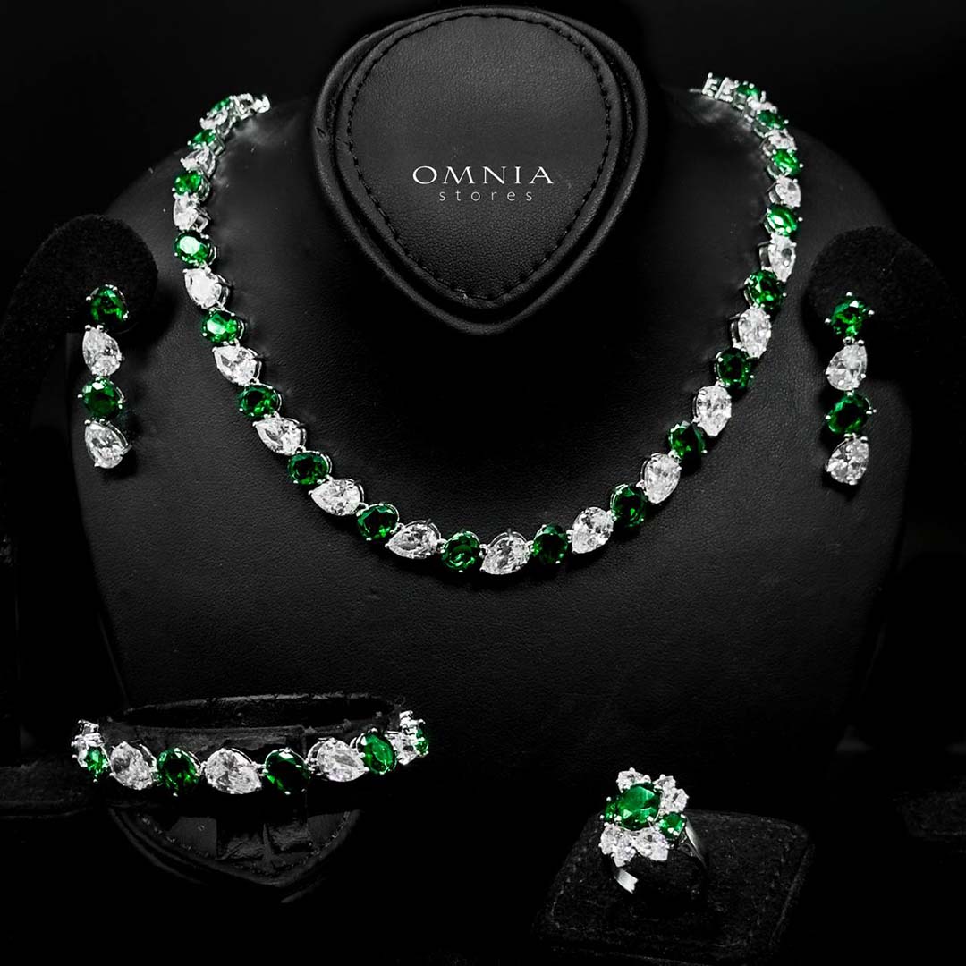 Omnia Lamia Green and White Bridal Full Set with High-Quality Simulated Diamonds Rhodium Plated - OMNIASTORES KSA