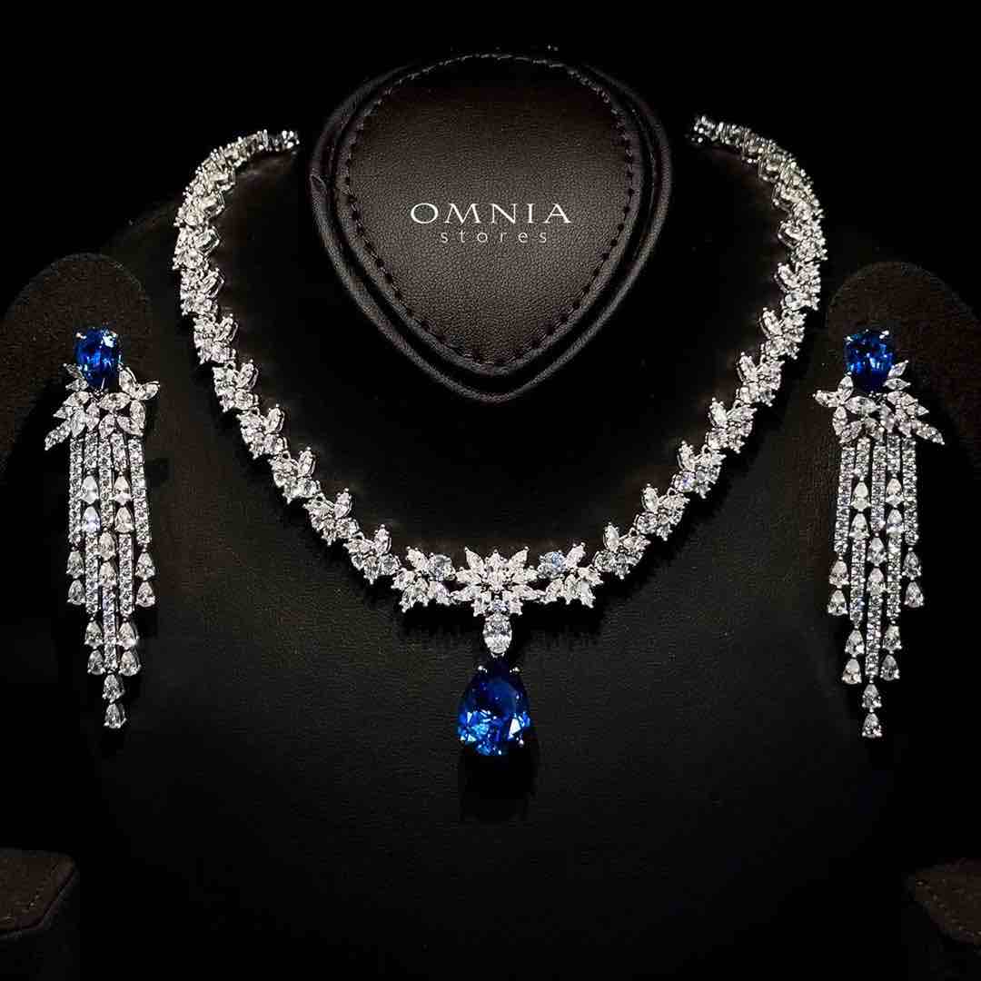 Omnia Vanya Blue Necklace & Earrings Set in 925 Silver with Pear-Cut High-Quality Simulated Diamonds - OMNIASTORES UAE