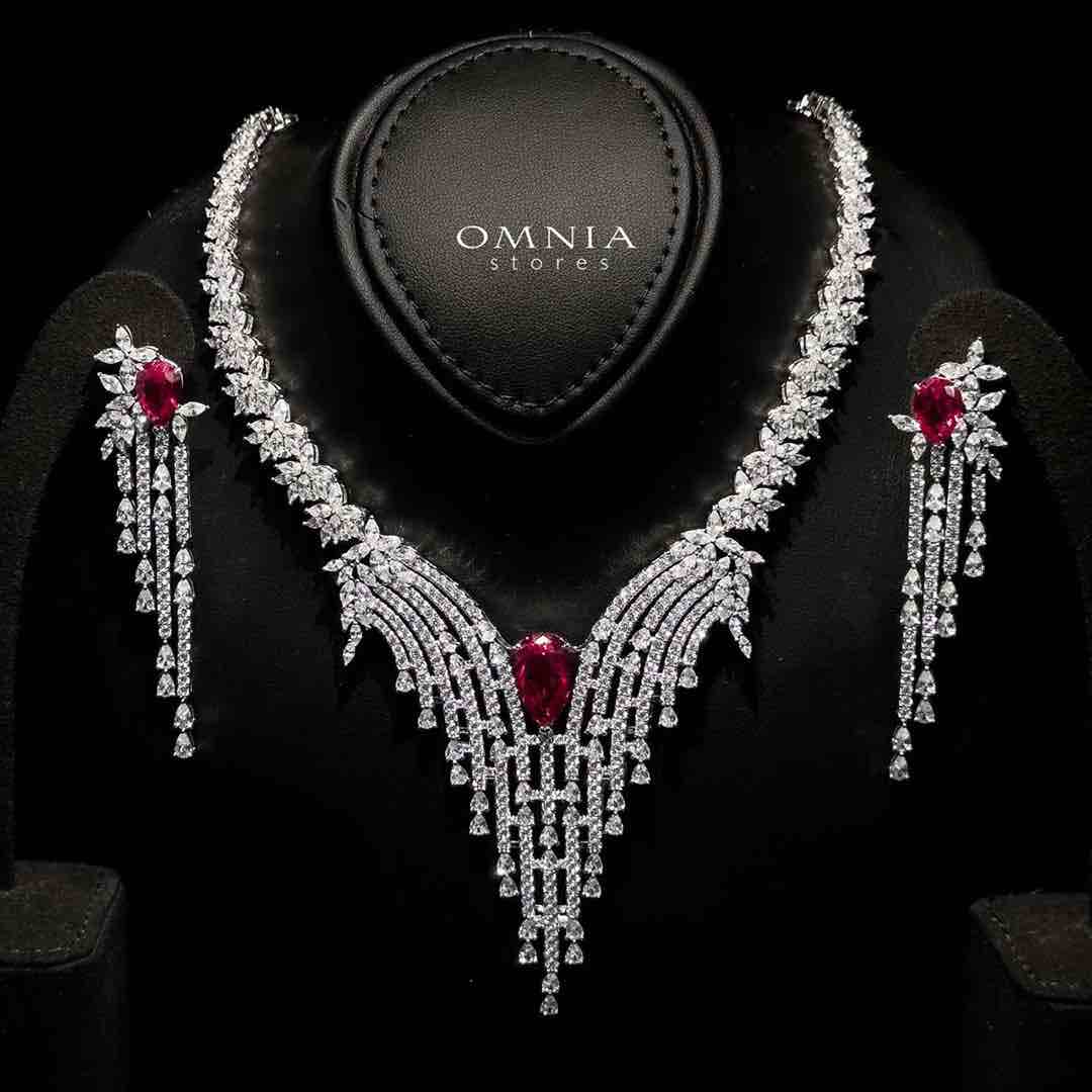 Omnia Abir Maroon Bridal Necklace & Earrings Set in 925 Silver with Pear and Marquise-Cut High-Quality Simulated Diamonds - OMNIASTORES UAE