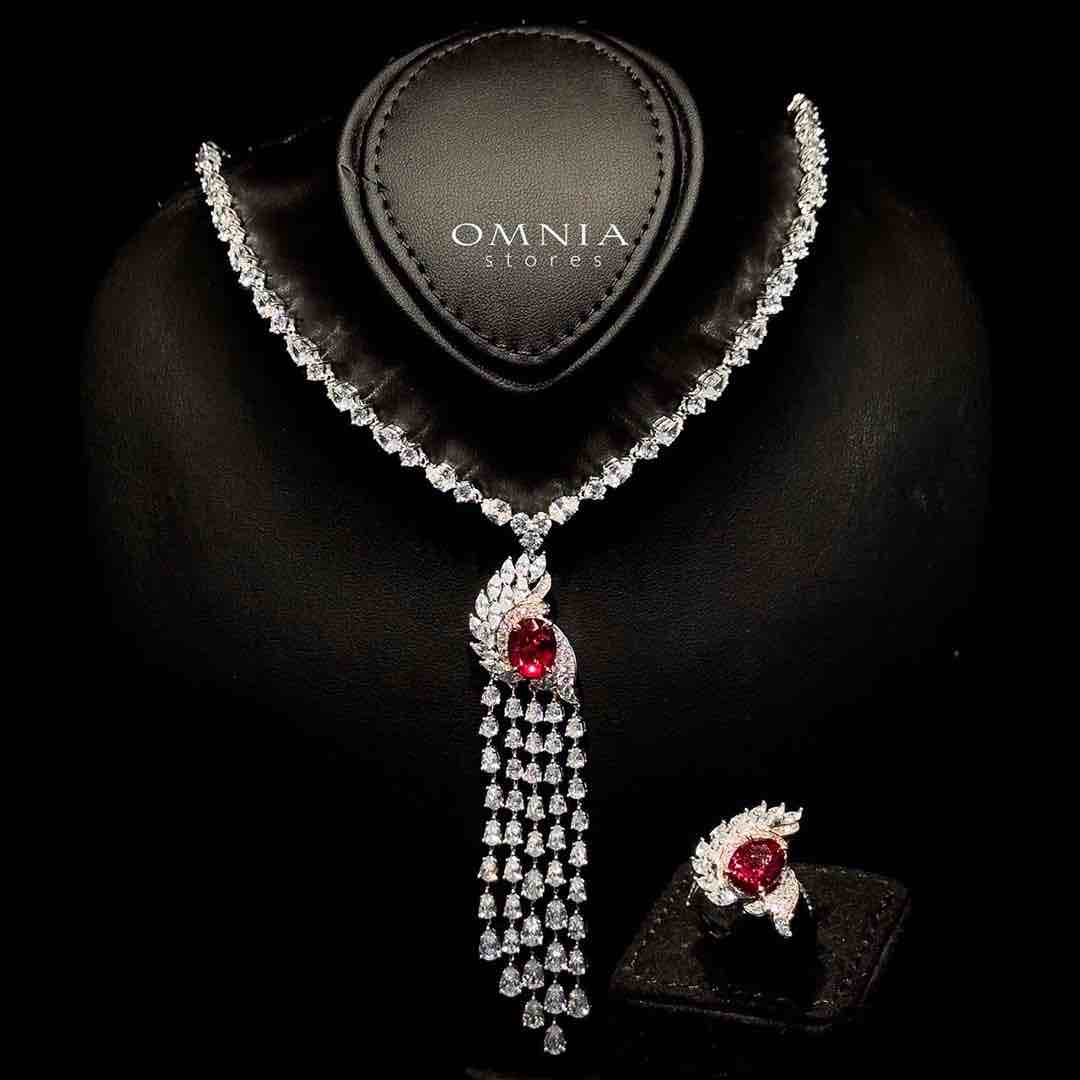 Omnia Bariza Maroon Necklace & Ring Set in 925 Silver with Oval and Marquise-Cut High-Quality Simulated Diamonds - OMNIASTORES UAE