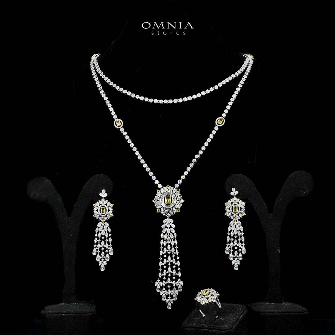 Omnia Ola Yellow Bridal Long chain Set Accessories in High Quality Zircon Stone Rhodium Plated
