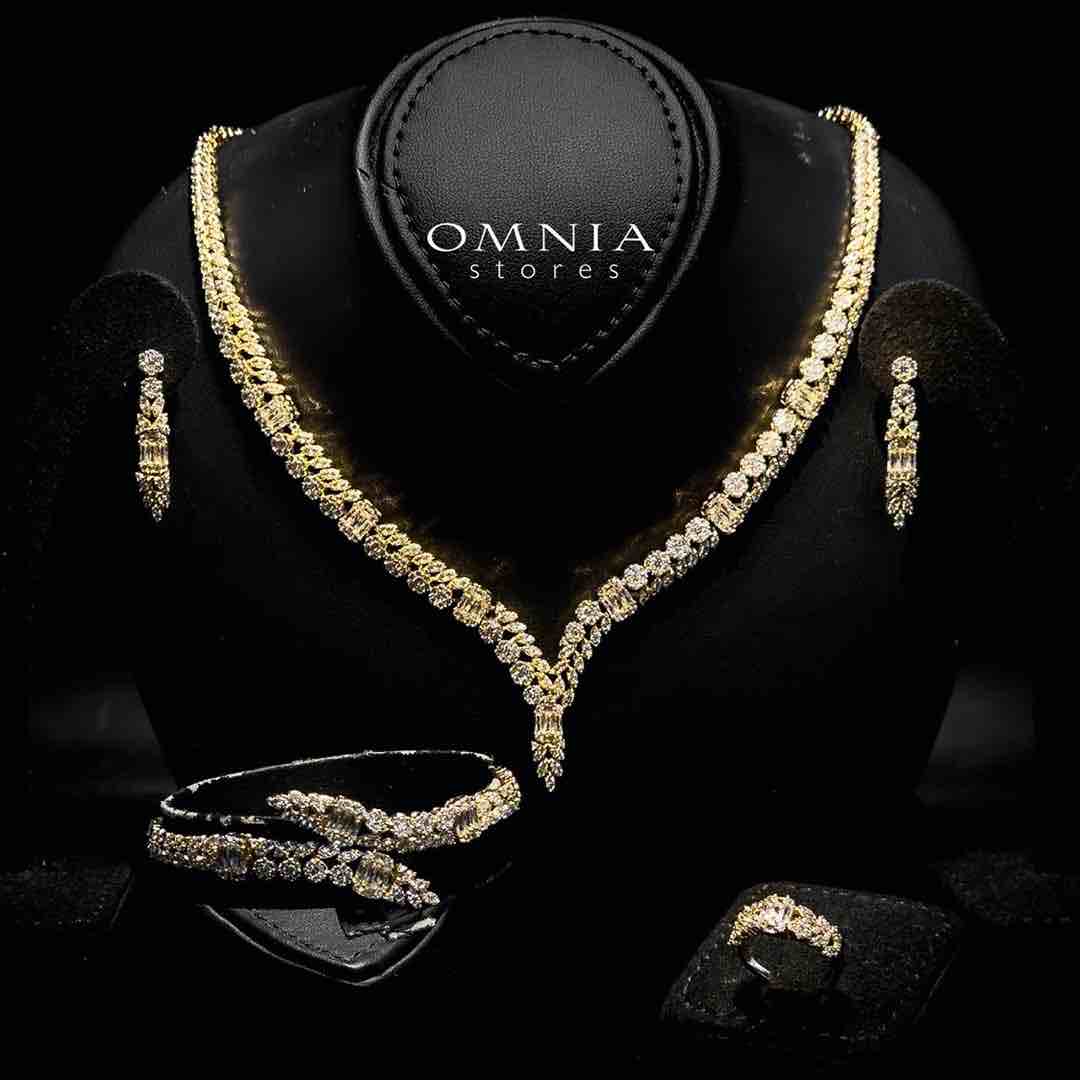 Omnia Elham Gold Plated Bridal Full Set in High Quality Zircon Stone Premium Rhodium Plated - OMNIASTORES UAE
