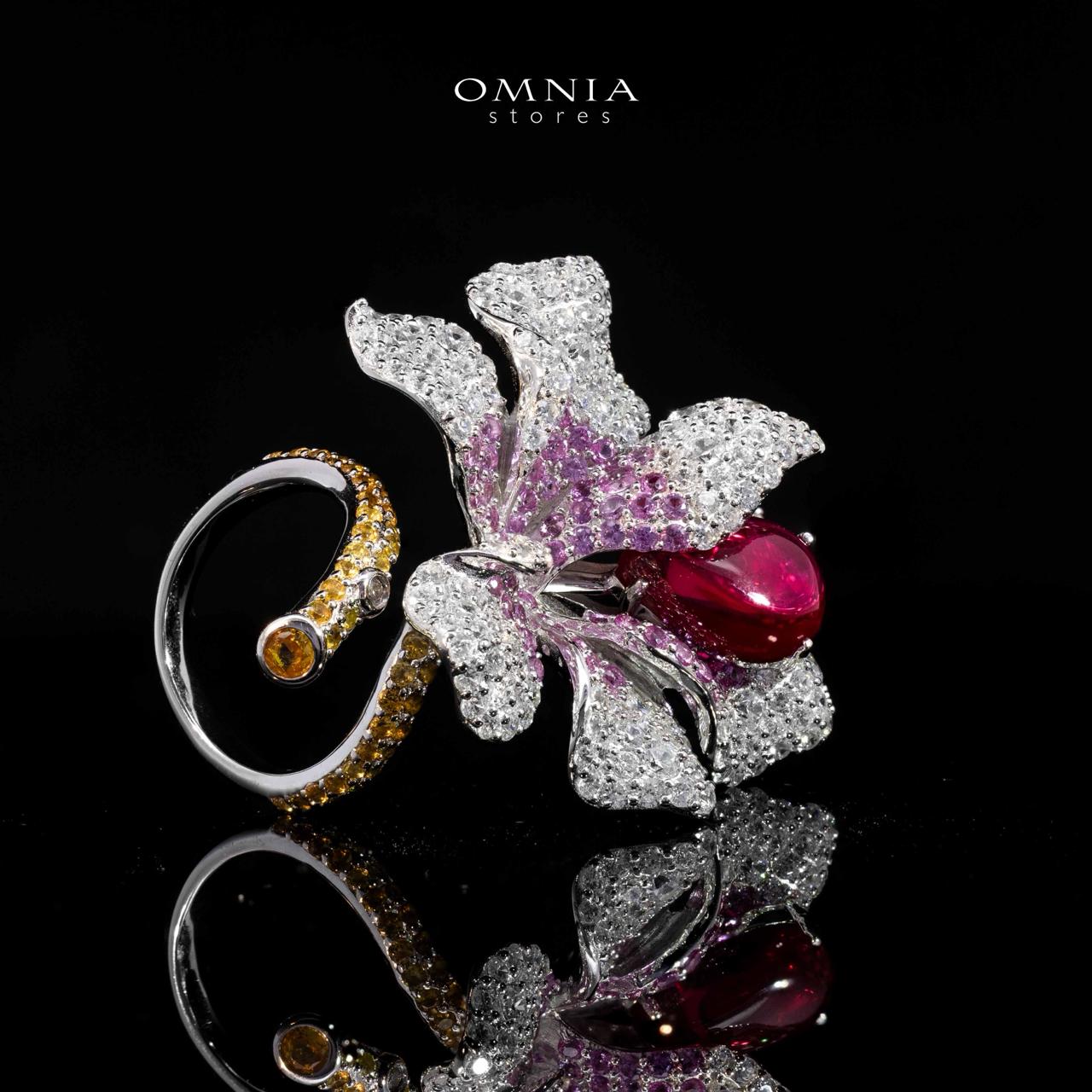 Omnia Lily Flower Ring With Pink And Red Stones with High Quality Simulated Diamonds