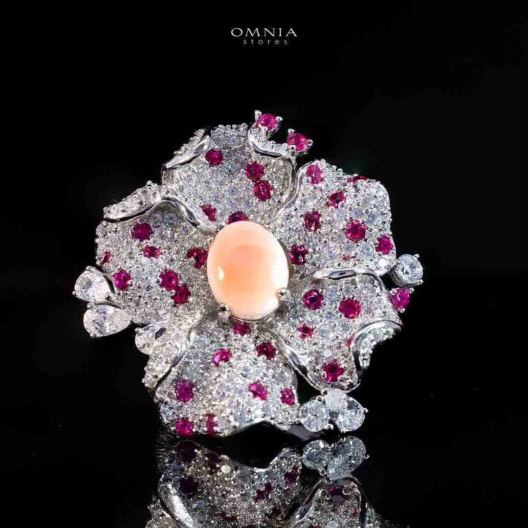 Omina Najiba Pink Coral Flower Ring in 925 Silver with High Quality Simulated Diamonds - OMNIASTORES UAE