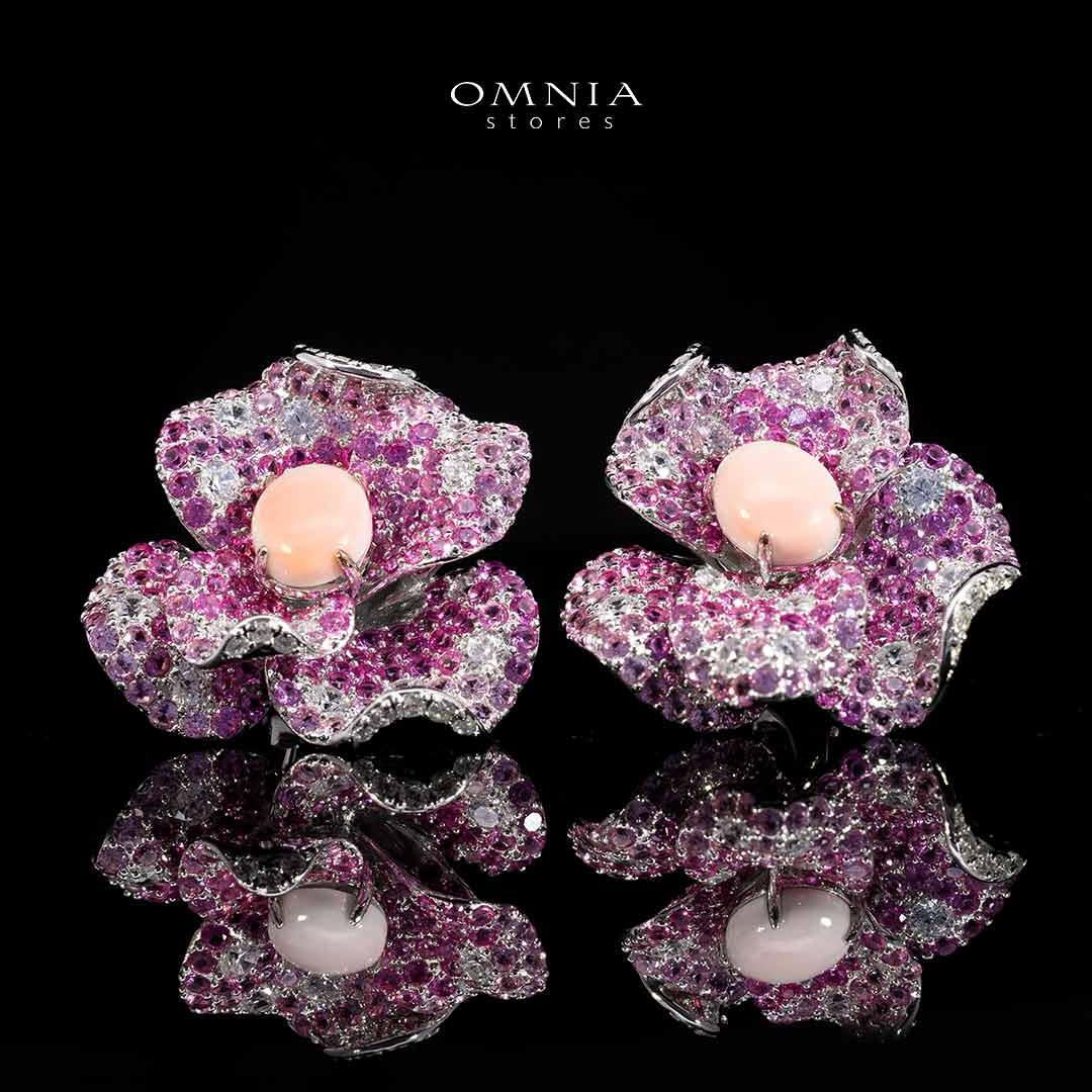 Omina Maiza Pink Coral Flower Earrings in 925 Silver with High Quality Pueple Simulated Diamond Stones - OMNIASTORES UAE
