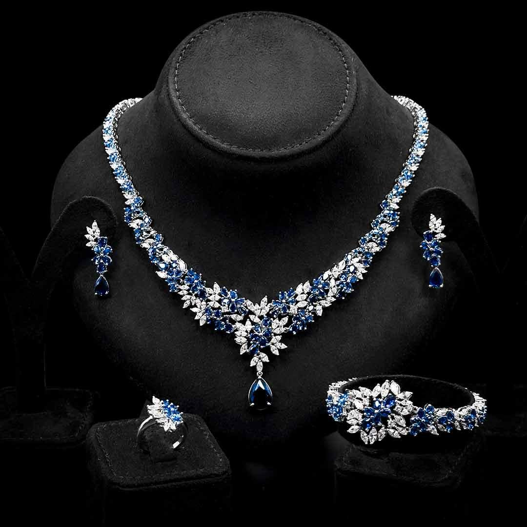 Omnia Nourah Blue Bridal Full Set in High Quality Simulated Diamonds Premium Rhodium Plated - OMNIASTORES UAE
