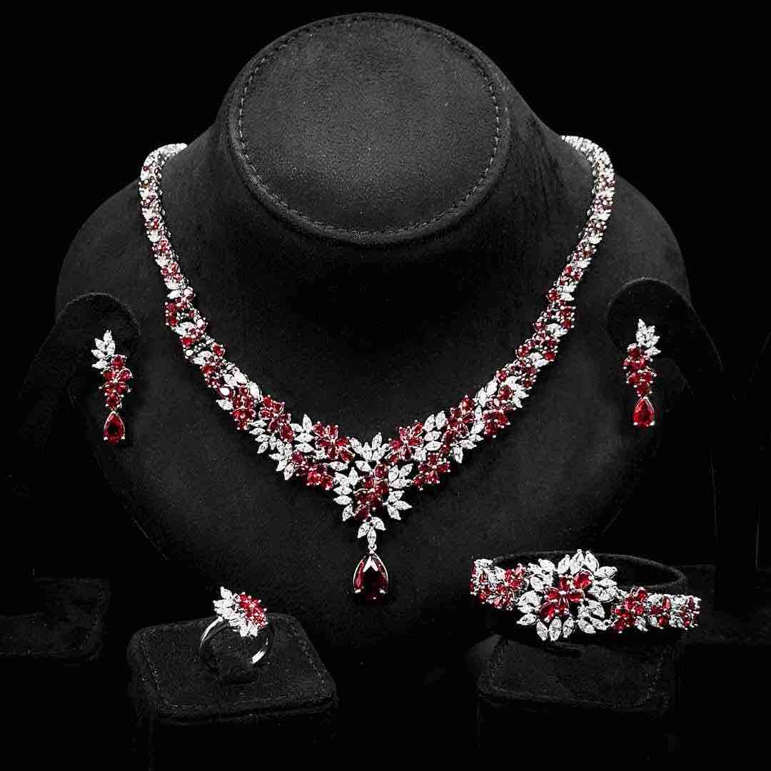 Omnia Nourah Maroon Bridal Full Set in High Quality Simulated Diamonds Premium Rhodium Plated - OMNIASTORES UAE