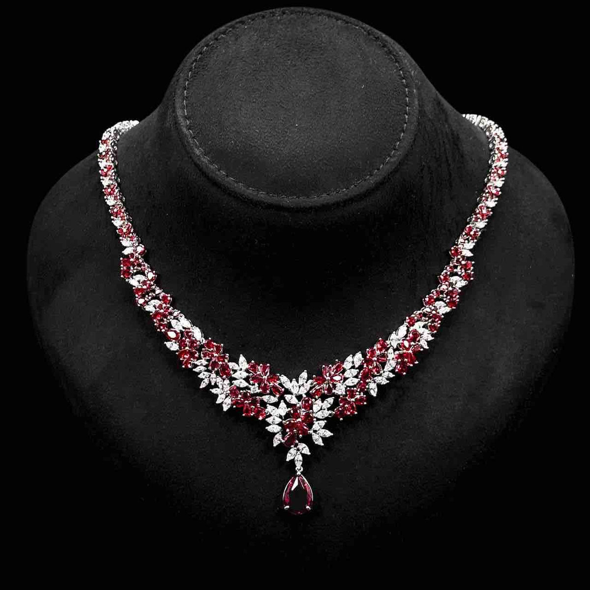 Omnia Nourah Maroon Bridal Full Set in High Quality Simulated Diamonds Premium Rhodium Plated - OMNIASTORES UAE