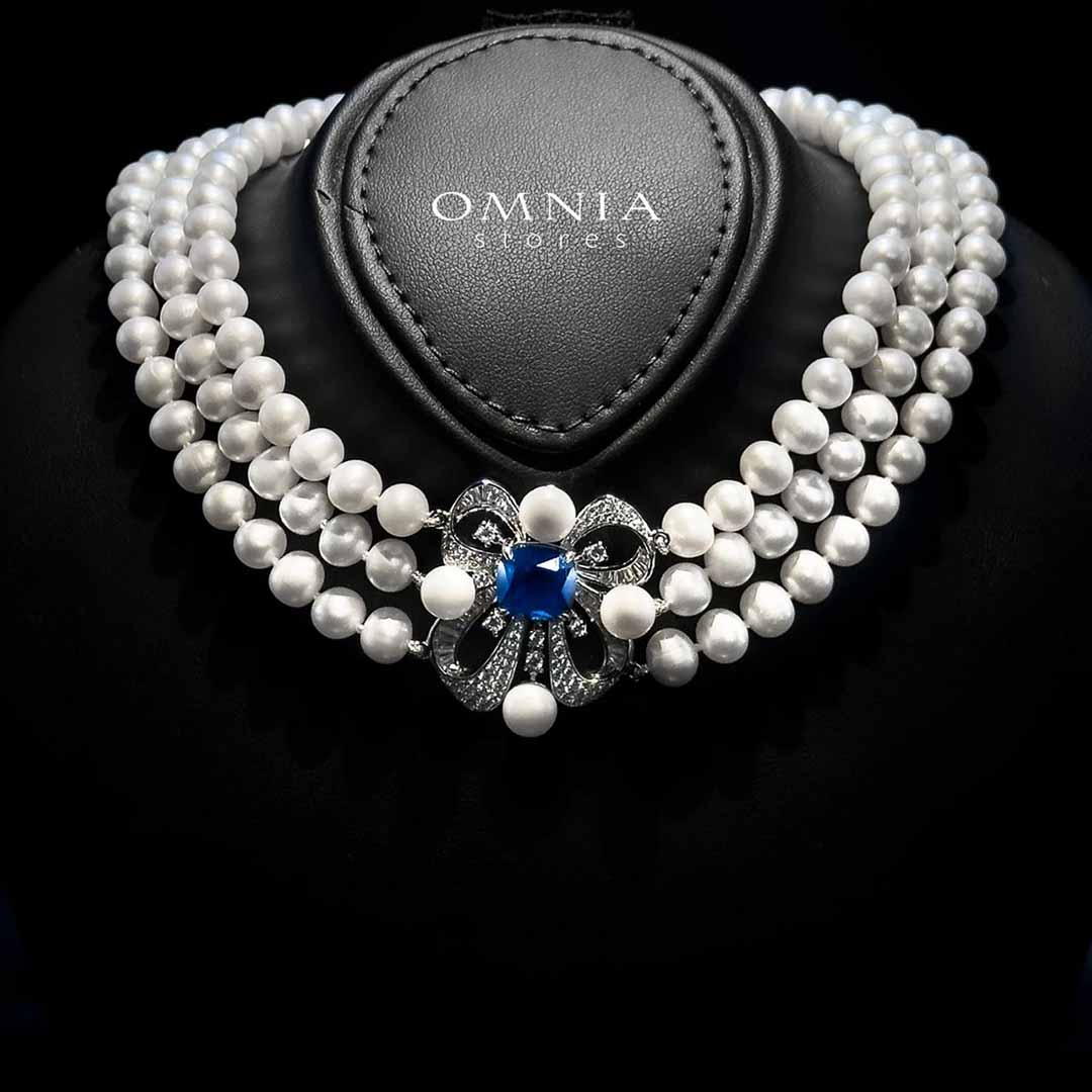 Mahboobeh Blue Pearl Necklace and Bracelet Set in 925 Silver with High Quality Simulated Diamonds - OMNIASTORES UAE