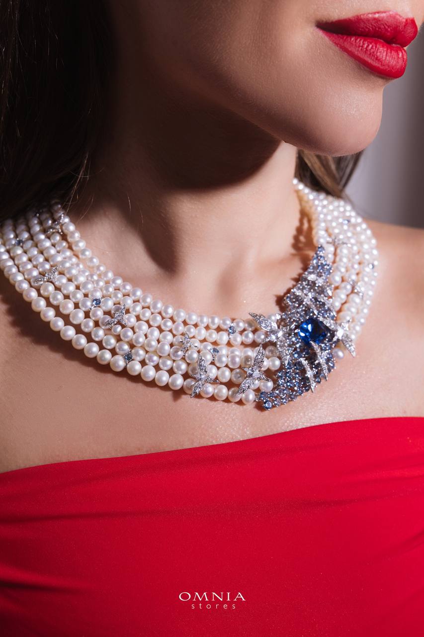 Omnia Blue Butterfly Pearl Necklace and Bracelet Set in 92.5 Silver with High Quality Simulated Diamonds - OMNIASTORES UAE