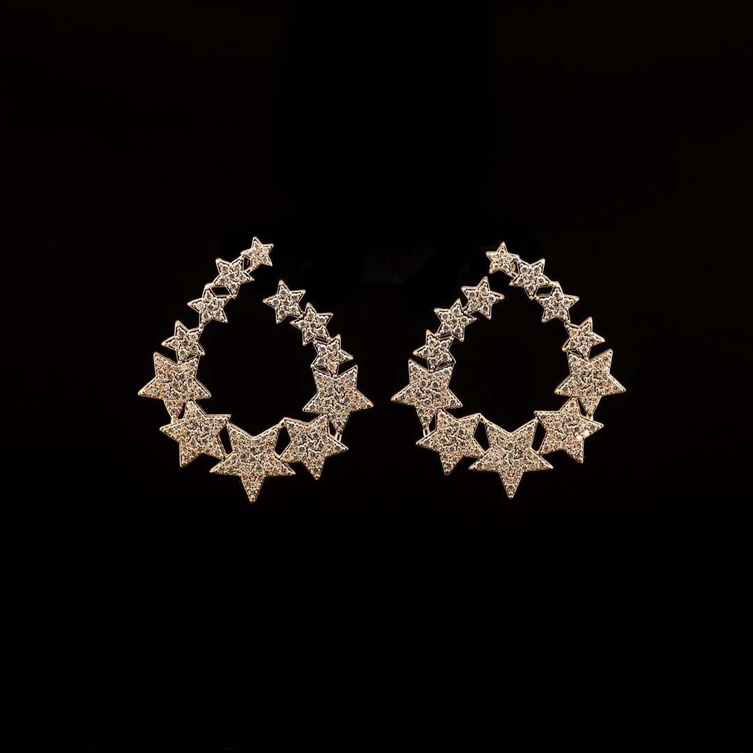 Omnia Najwan Gold Star-Cluster Hoop Earrings with High-Quality Zircon Stones in Rhodium-Plated Finish - OMNIASTORES UAE