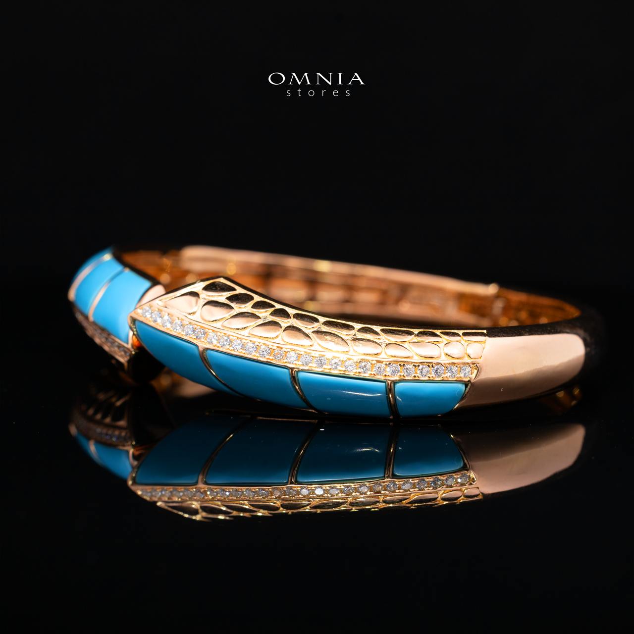 Tahiraa Turquoise Gold-Plated Bangle with High-Quality Premium Simulated Diamonds in 925 Sterling Silver