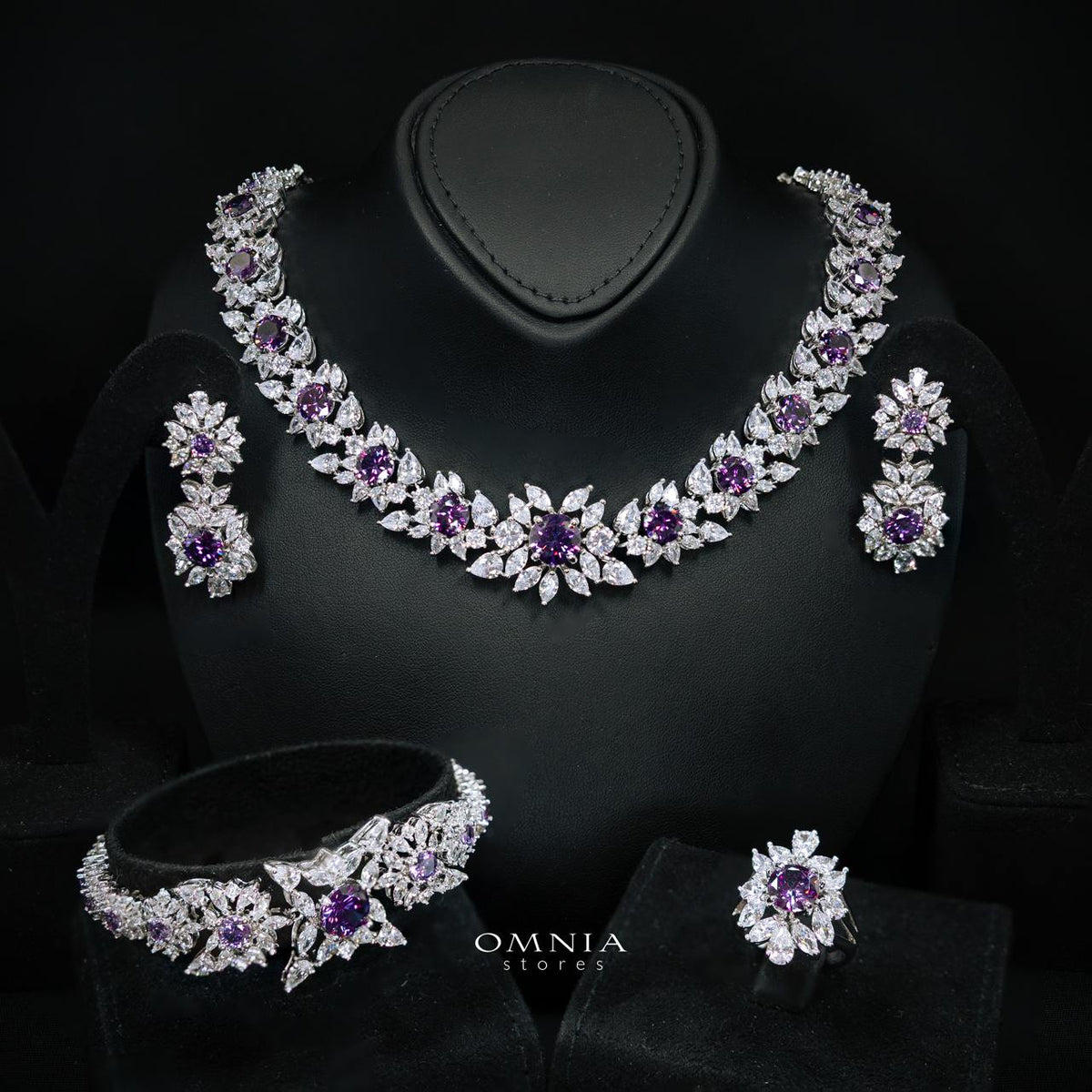 Omnia Nareen Purple Luxury Bridal Full Set in High Quality Simulated Diamonds Premium Rhodium Plated