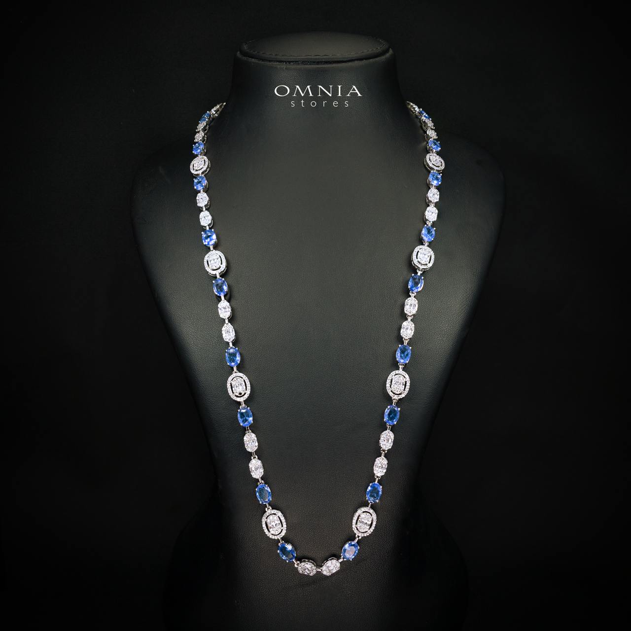 Fairuz Blue Luxury Full Set with Long Chain, High Quality Premium Zircon Stones & Rhodium Plated Finish - OMNIASTORES KSA
