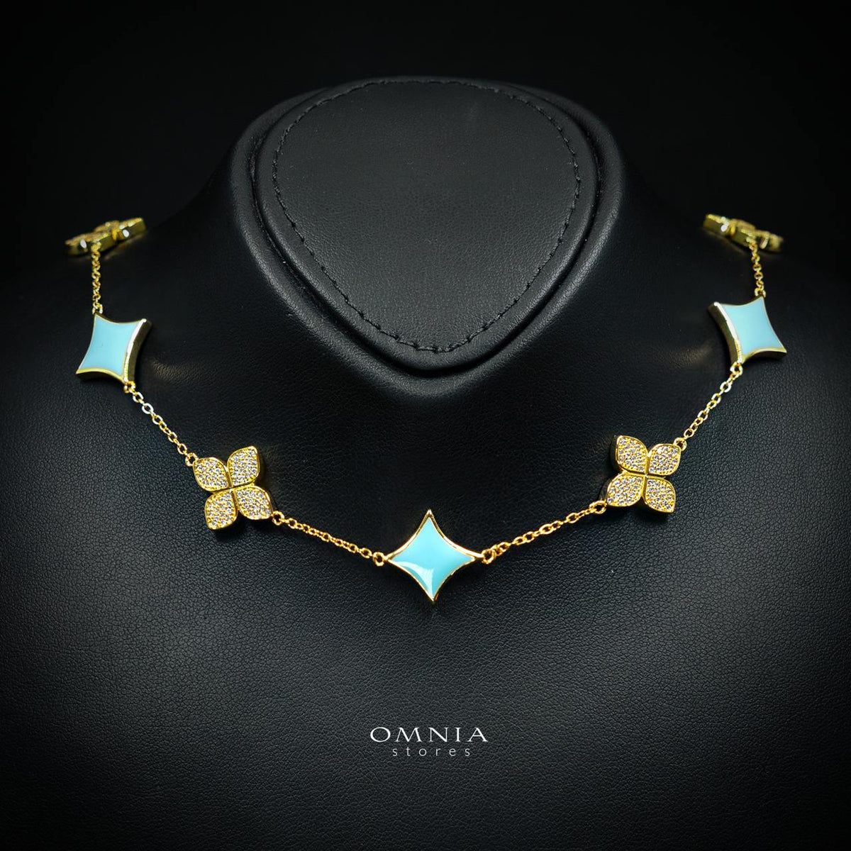 Omnia Golden Clove Turquoise Choker Full Set with High-Quality Simulated Diamonds Gold Plated