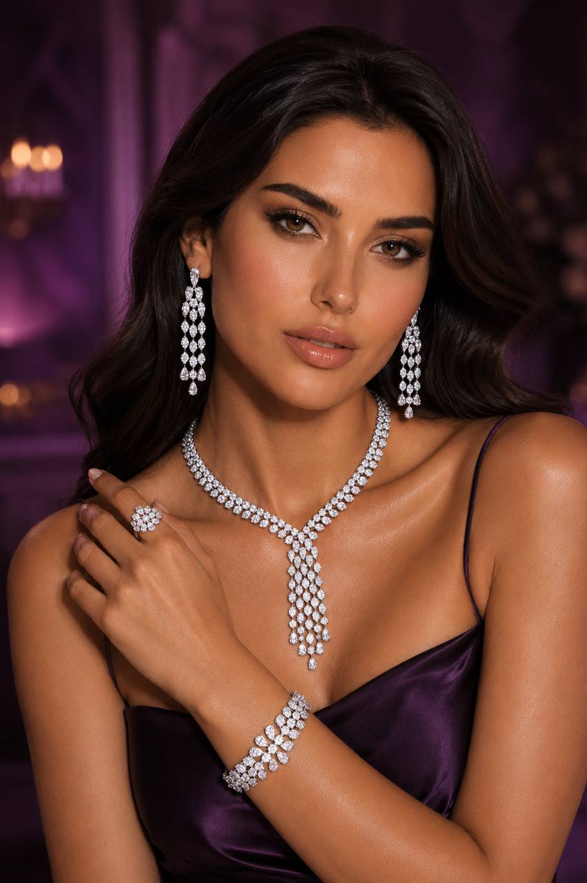 Omnia Myla White Luxury Bridal Full Set in High Quality Zircon Stone in Rhodium Plated