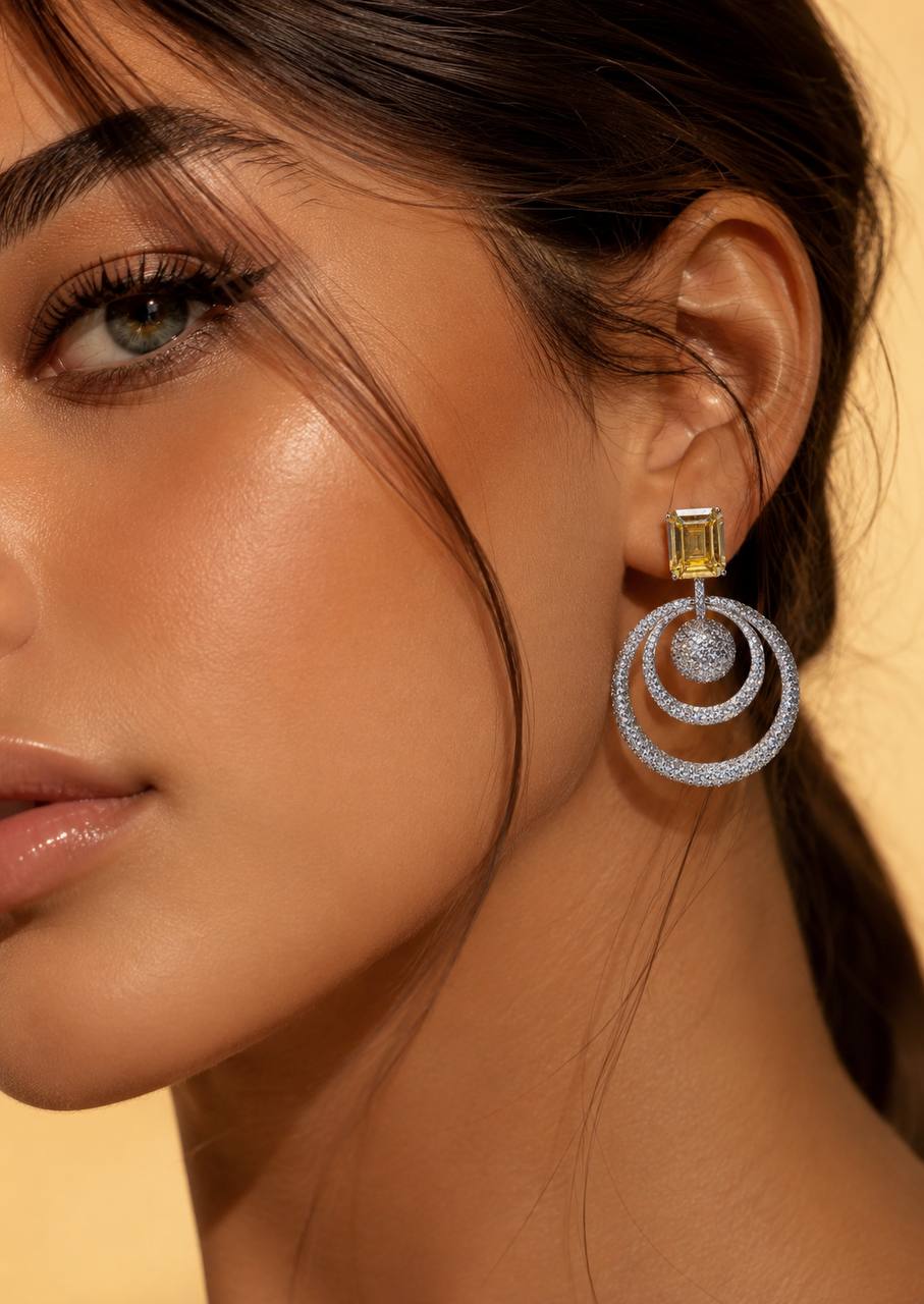 Omnia Siaad Yellow and White Silver Drop Earrings with 925 Silver High Quality Simulated Diamonds Stones