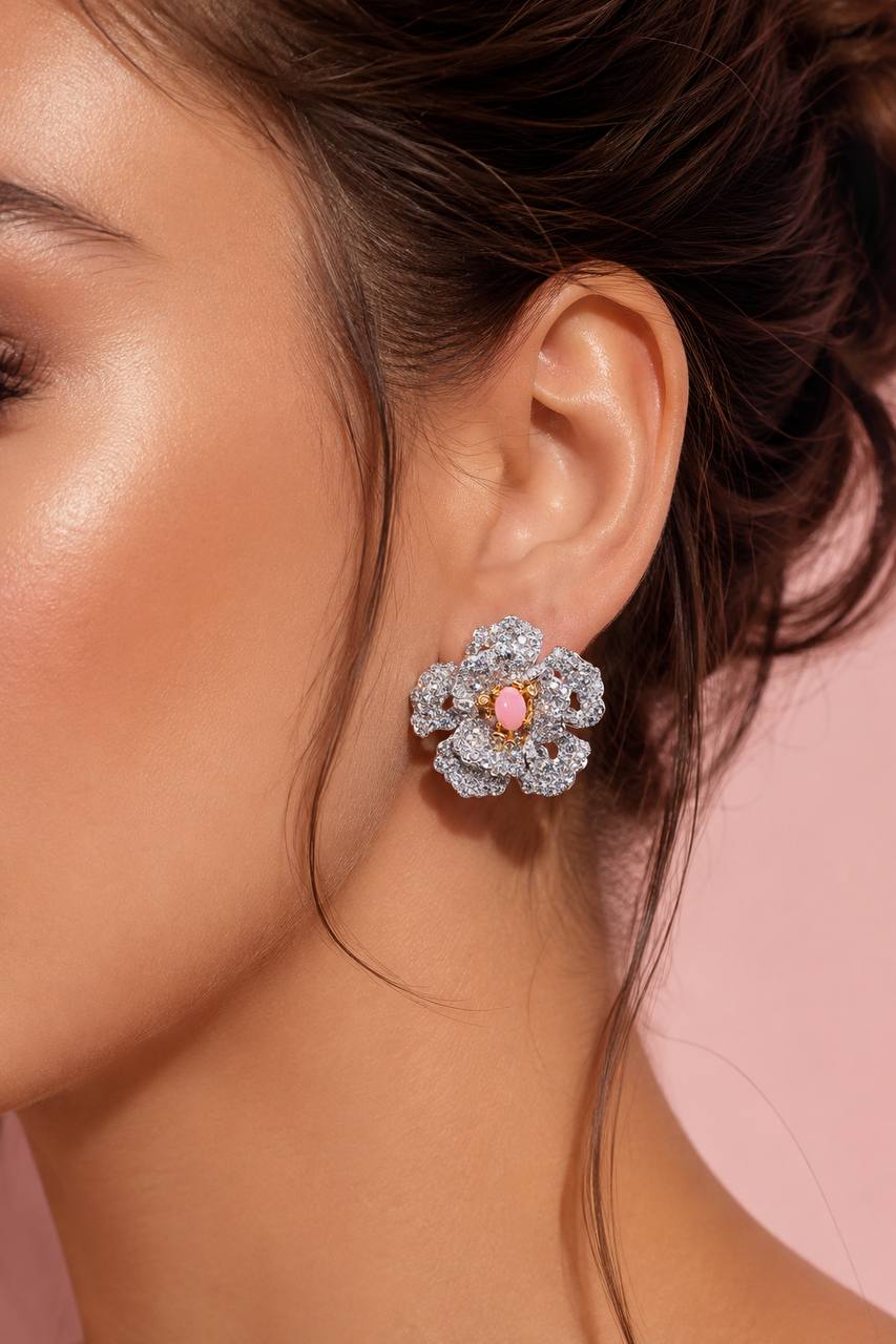 Omnia Sihab Pink Coral Flower Silver Clip Earrings in 925 Silver High Quality White Simulated Diamond Stones - OMNIASTORES KSA