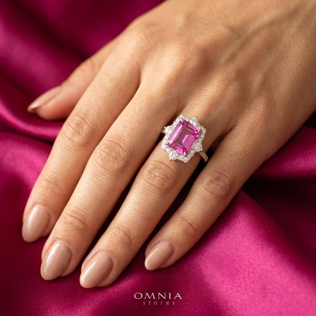 Nuwaira Lab-Grown Pink Sapphire Emerald-Cut Ring (8x11mm) with GRC Certificate in 925 Sterling Silver - OMNIASTORES KSA