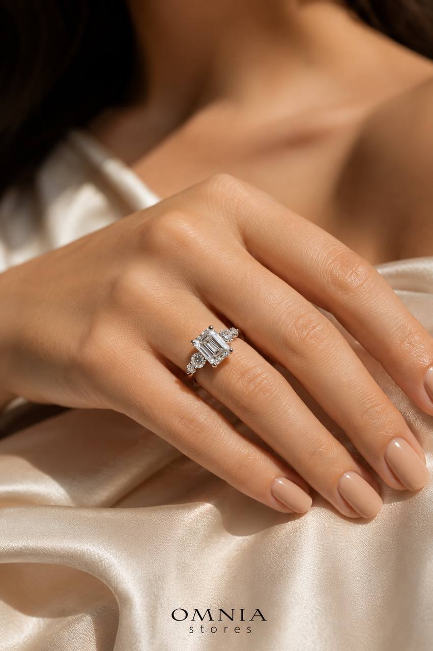 Hanifa White Moissanite Emerald Cut Ring GRA Certified in High Quality 925 Silver 7x9mm 3ct - OMNIASTORES KSA