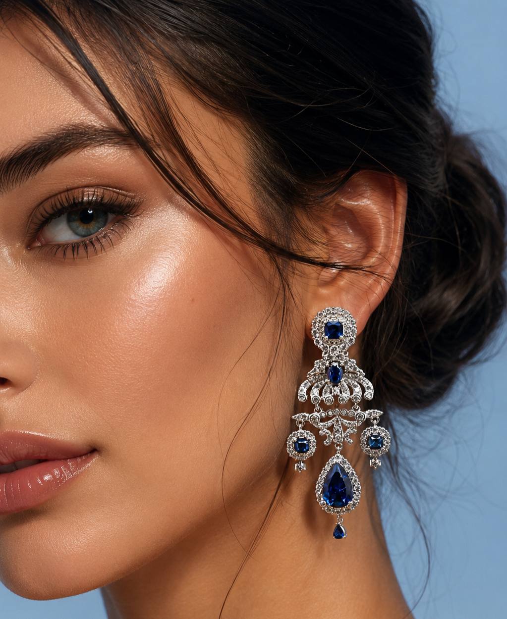Omnia Amani Chandelier Earrings with Sapphire Blue Simulated Diamonds in 925 Silver - OMNIASTORES KSA