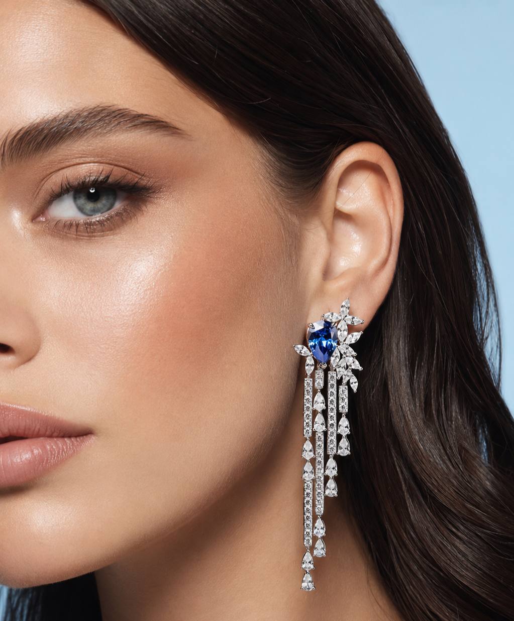 Abir Blue Drop Earrings with Premium Simulated Diamonds in 925 Sterling Silver - OMNIASTORES KSA