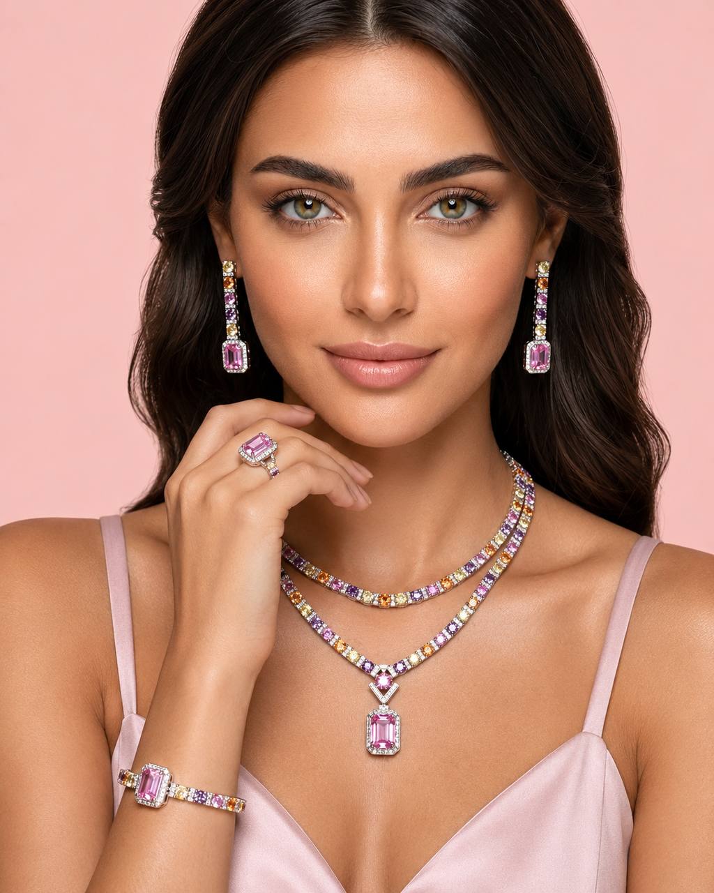 Rahma Multicolor Luxury Bridal Full Jewelry Set with High-Quality Premium Simulated Diamonds – Rhodium-Plated