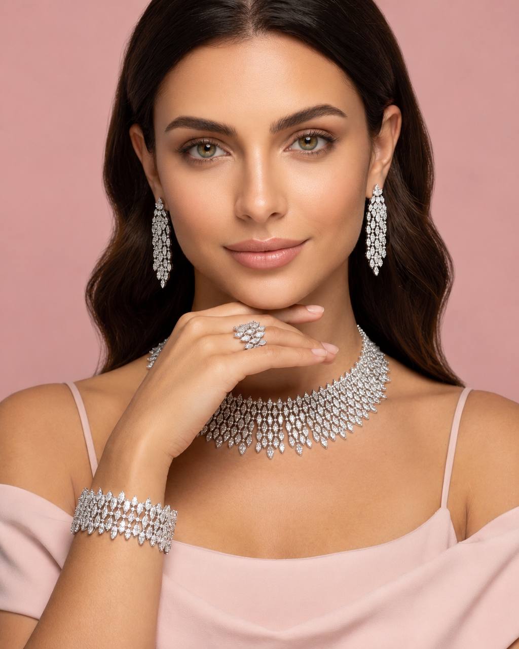 Cyra White Luxury Bridal Full Set with High-Quality Simulated Diamonds and Rhodium Plating - OMNIASTORES KSA