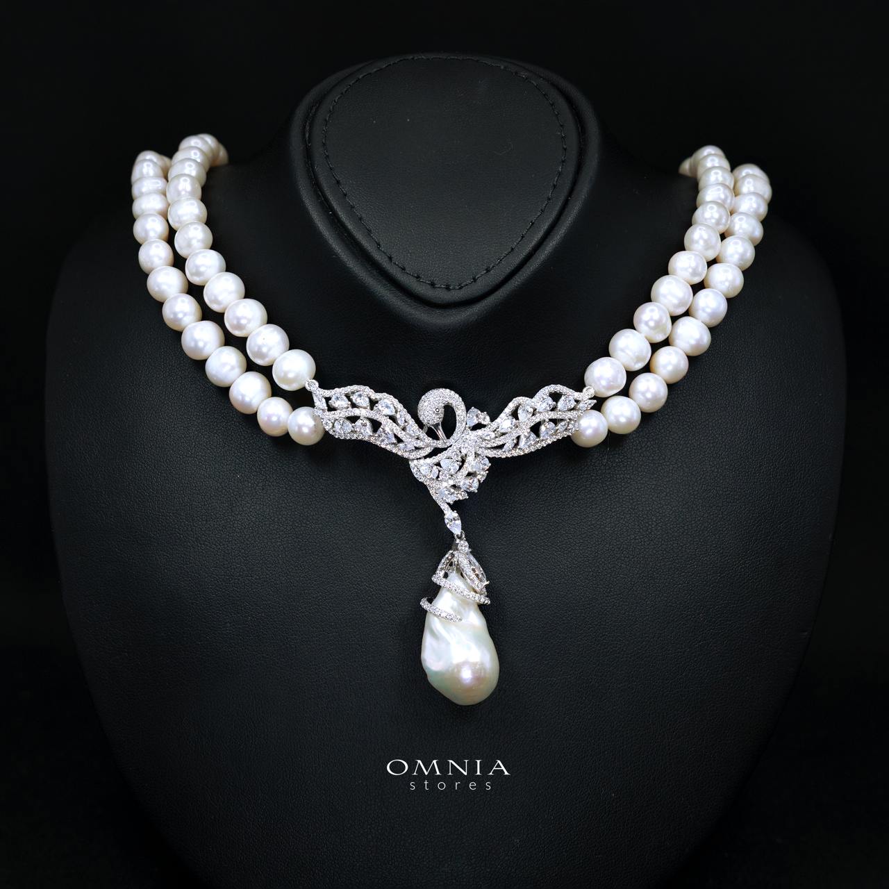 Talinara Pearl Necklace & Earring Set with High-Quality Premium Simulated Diamonds in 925 Sterling Silver