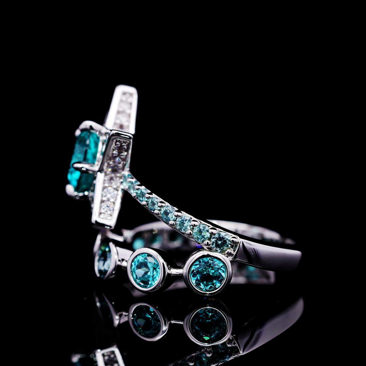 Tisha Turquoise Premium Rhodium-Plated Alloy Ring with High-Quality Simulated Diamonds