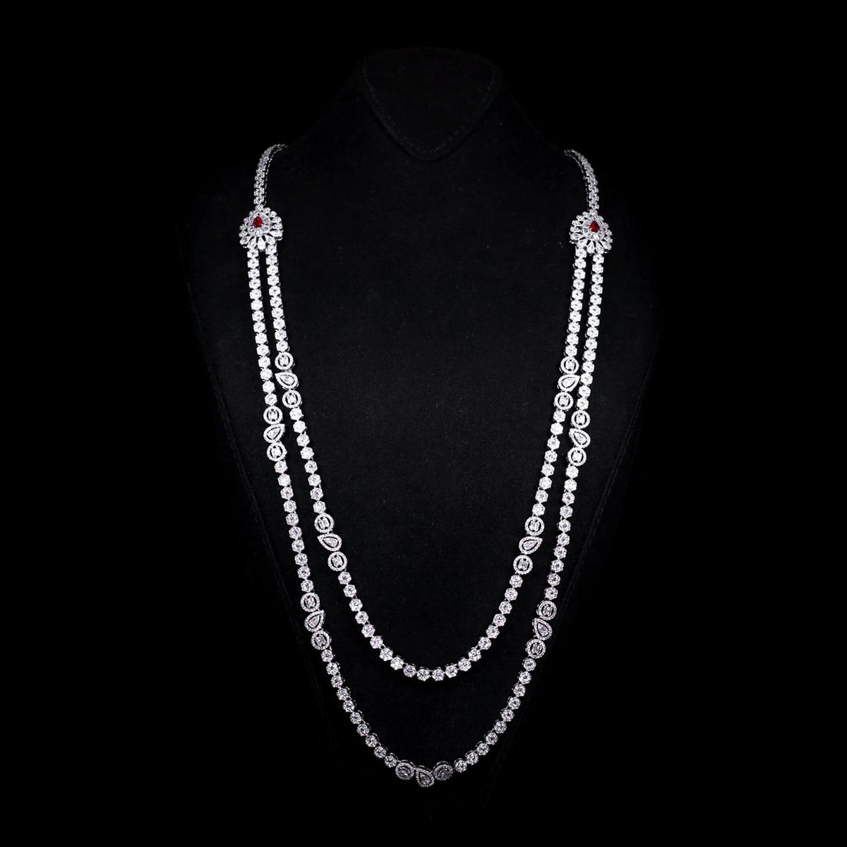 Omnia Ahad Bridal Red Long Chain Set in Rhodium Plated With High-Quality Zircon Stones