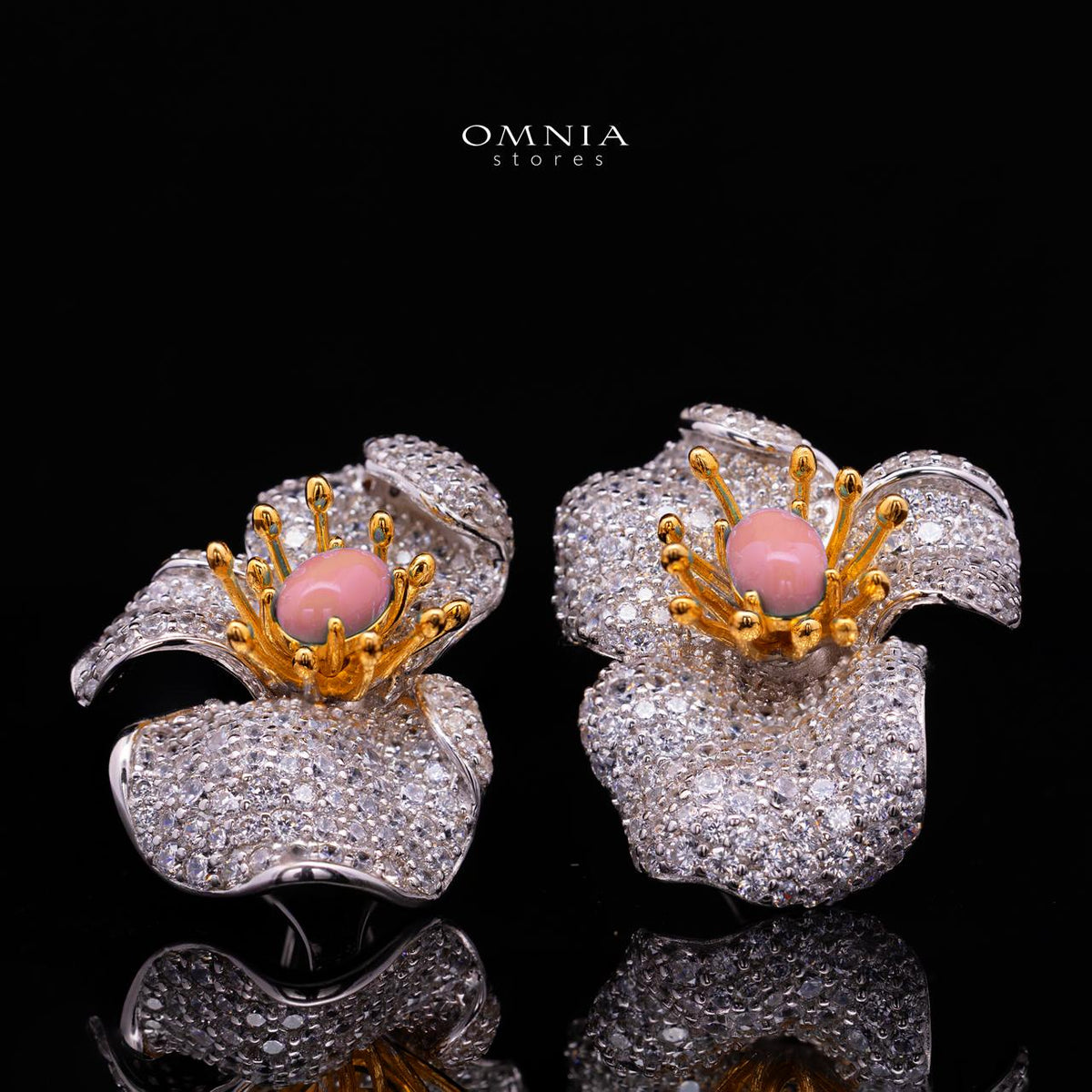 Omnia Shidha Pink Coral Flower Silver Earrings in 925 Silver High Quality White Simulated Diamond Stones