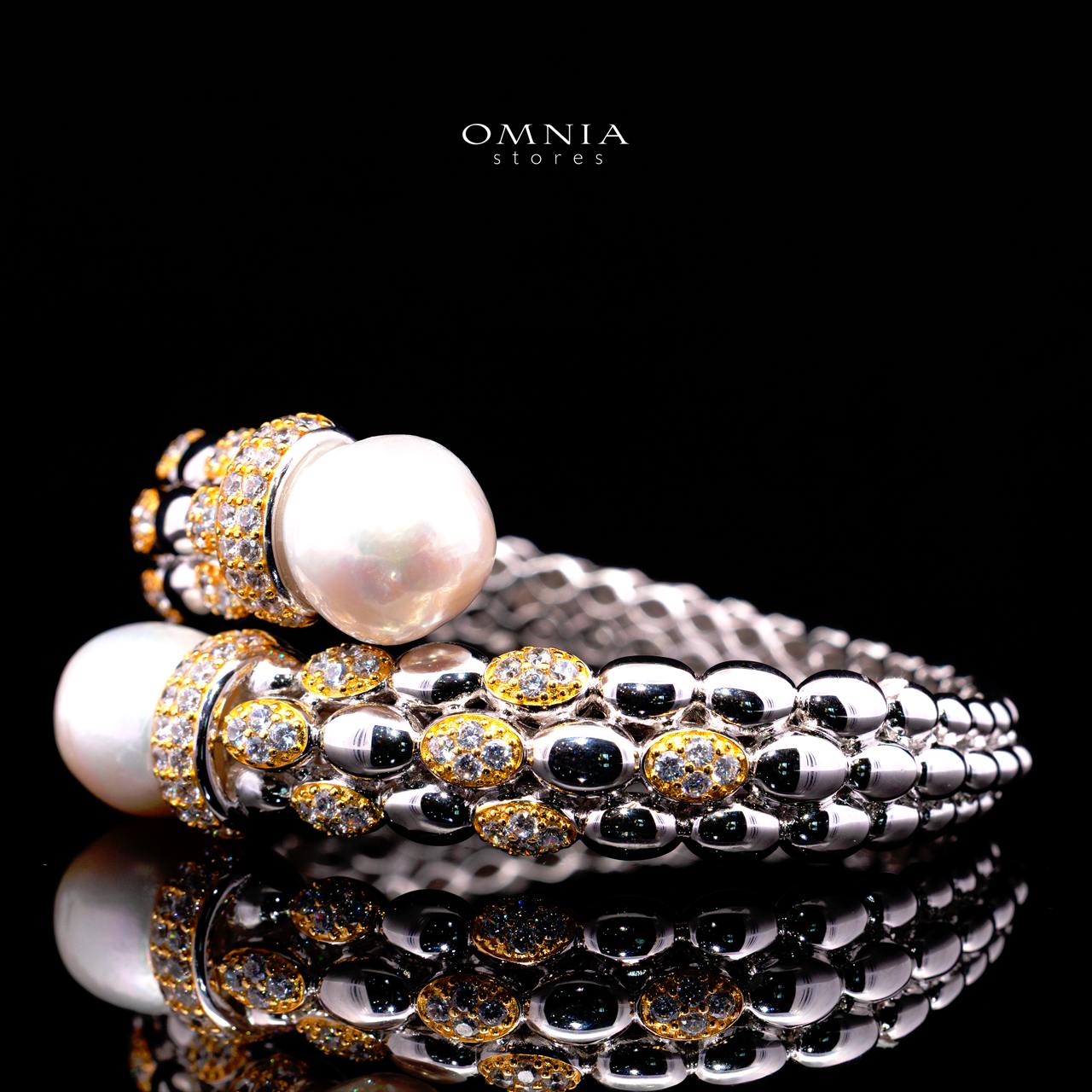 Dulce Royal Two-Tone Pearl Bangle with Premium Simulated Diamonds in 925 Sterling Silver