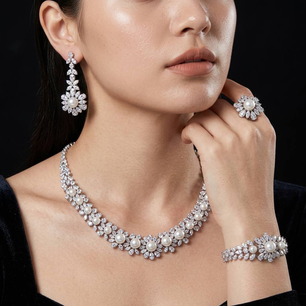 Omnia Rukaya Floral Pearl White Luxury Bridal Full Set in High Quality Zircon Stone Rhodium Plated - OMNIASTORES KSA