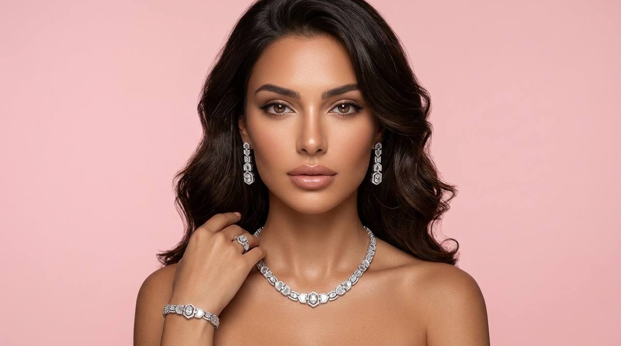 مجموعة إكسسوارات زفاف فاخرة كاملة من أومنيا ريحانة باللون الأبيض مرصعة بأحجار الزركون عالية الجودة ومطلية بالروديوم