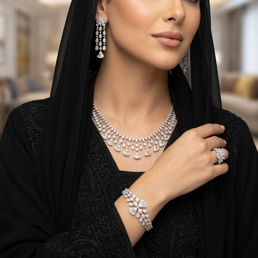 Omnia Rimal White Bridal Full Set in 925 Silver with High Quality Simulated Diamonds - OMNIASTORES KSA