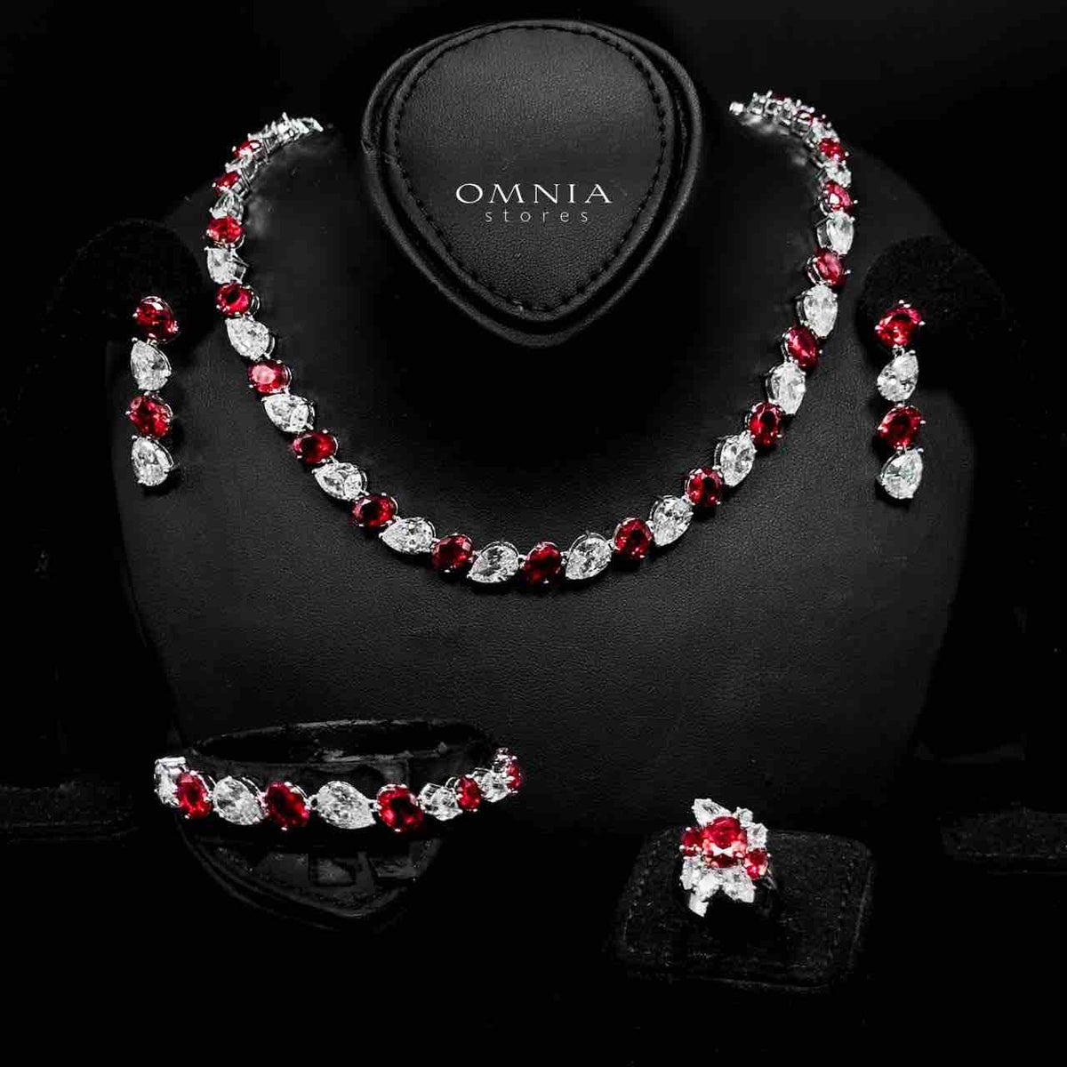 Omnia Lamia White And Red Bridal Full Set with High Quality Simulated Diamonds Premium Rhodium Plated - OMNIASTORES UAE