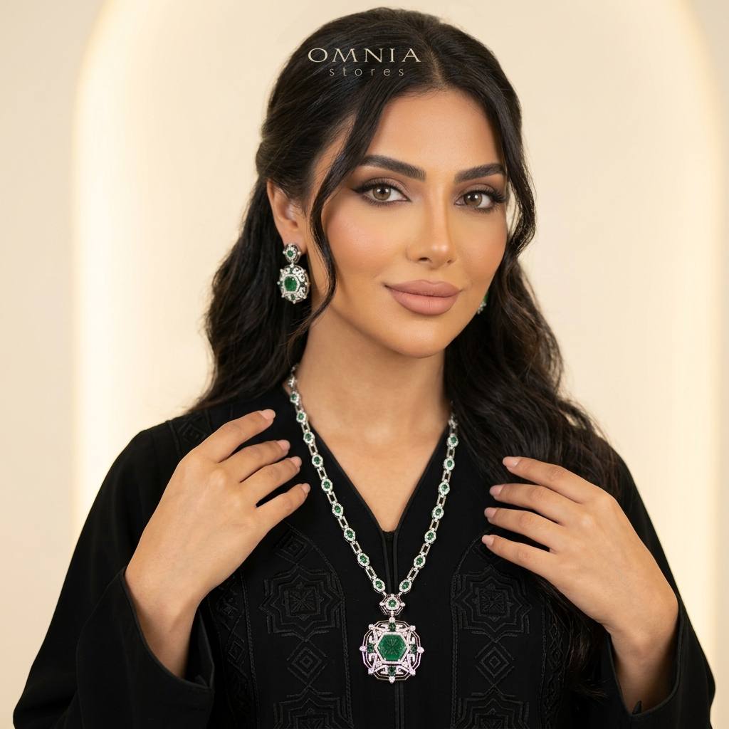 Omnia Siwar Silver Long Chain Necklace and Earrings Set 925 Silver in High Quality Green Simulated Diamonds Stones - OMNIASTORES KSA