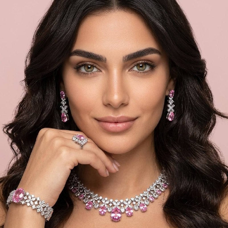 Omnia Suhana Pink Bridal Full Set with High-Quality Simulated Diamonds Rhodium Plated - OMNIASTORES KSA
