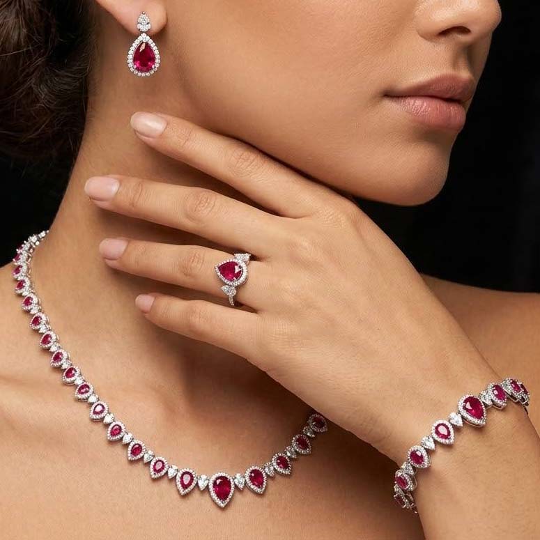 Omnia Sundus Maroon Bridal Full Set in 925 Silver High Quality Simulated Diamonds - OMNIASTORES KSA