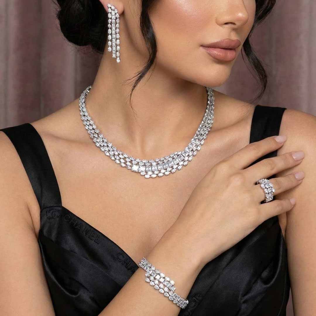 Omnia Trinity White Luxury Bridal Full Set in High Quality Zircon Stone in Rhodium Plated - OMNIASTORES KSA