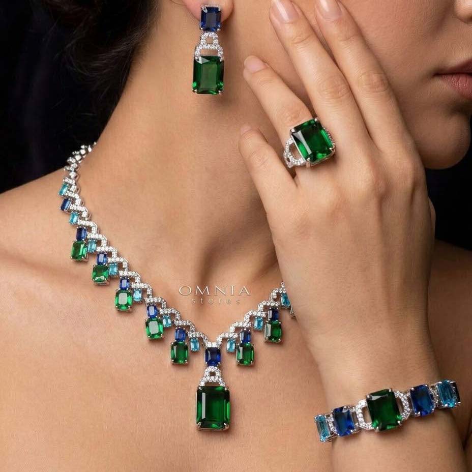 Omnia Veryna Bridal Full Set in High Quality Simulated Diamonds Premium Rhodium Plated with Emerald and Sapphire Cut Stones