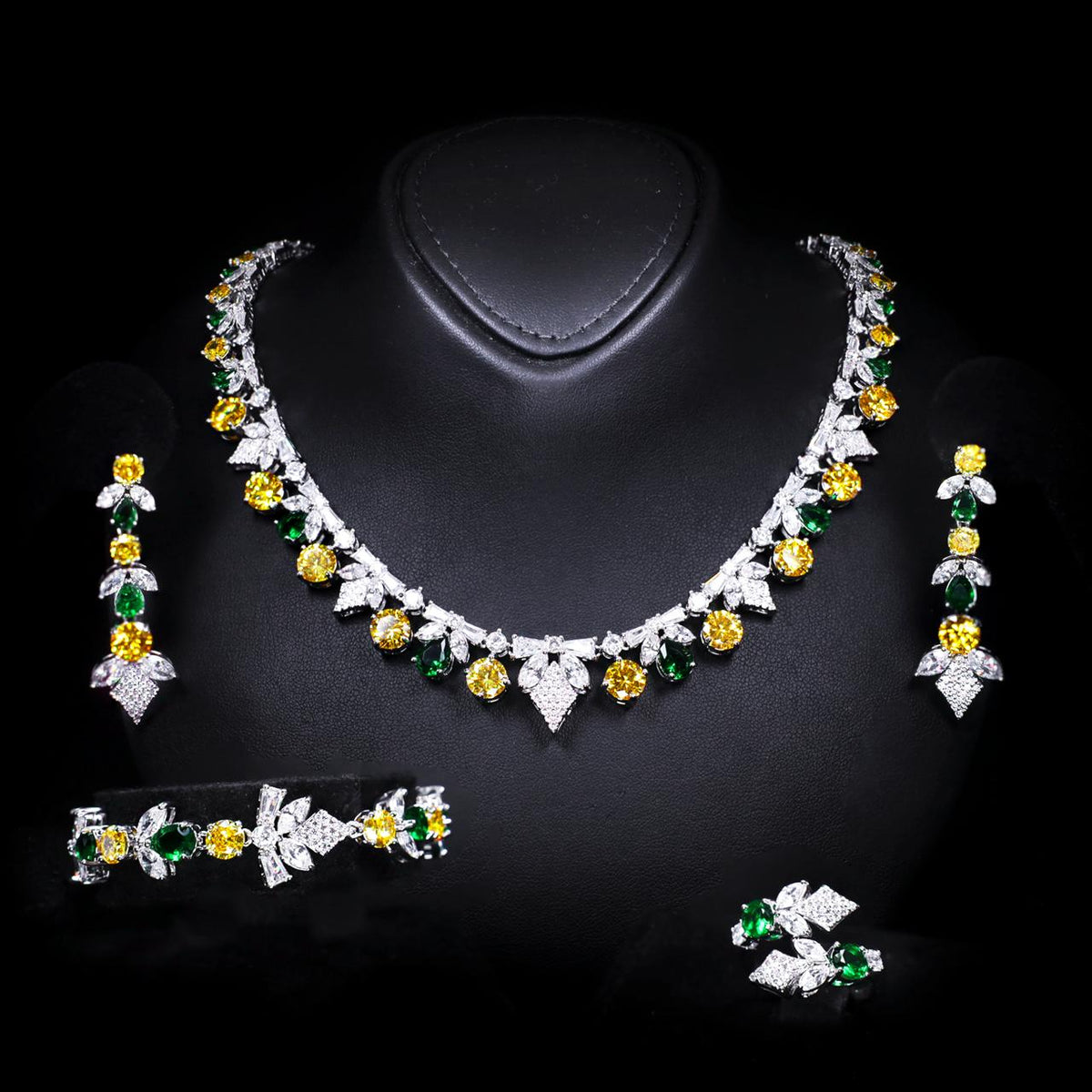 Vionna Yellow & Green Luxury Bridal Full Set with High-Quality Zircon Stones Premium Rhodium Plating